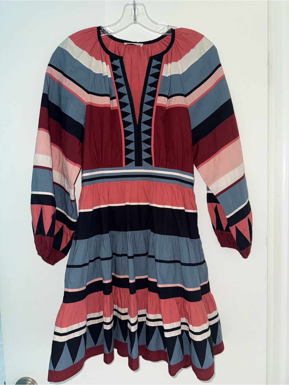 Ulla Johnson Boho Stripe Tiered Long Sleeve Dress in Coral, Blue & Black 0